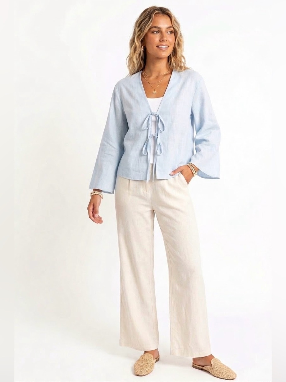 Petal & Pup $64 P2P24” L23” Light Blue 100% Cotton Tie-Front Wide Sleeve Top L - Picture 1 of 8